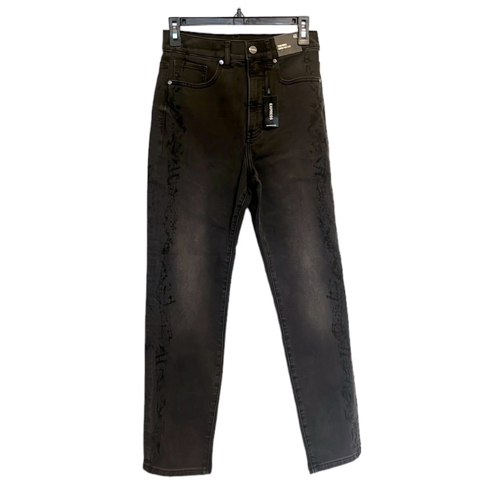 Express NWT Womens Super High Rise Slim Ankle Black Print Denim Jeans Sz 4R